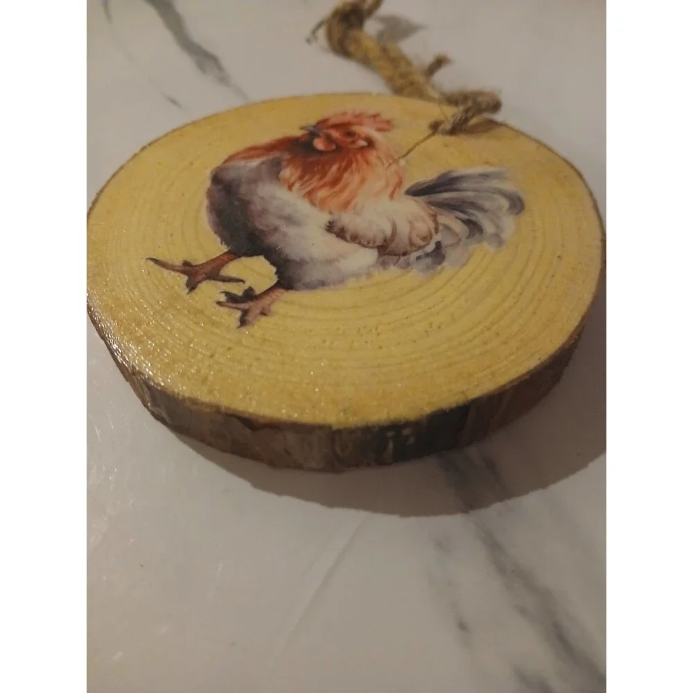 Handmade Woodslice Chicken Ornaments Primitive Cottage Rustic Holiday Gift